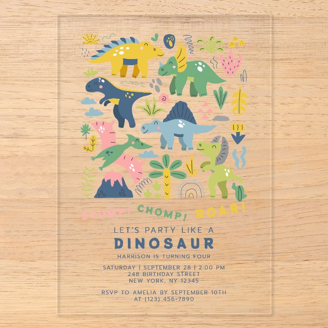 Invitations En Acrylique Dino Party mignon Dinosaures moderne Quatrième ann (Recto)