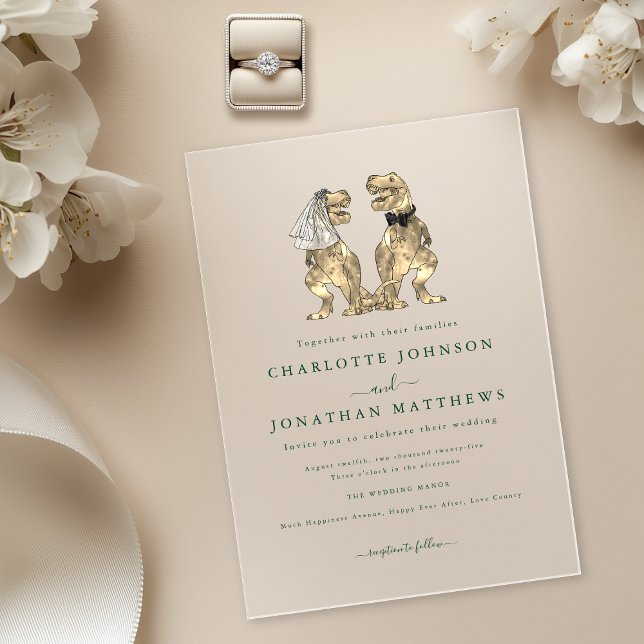Invitations En Acrylique Dinosaur thème Mariage Vert (Dinosaur theme wedding dark green modern elegant typography acrylic invitation T-Rex bride and groom)