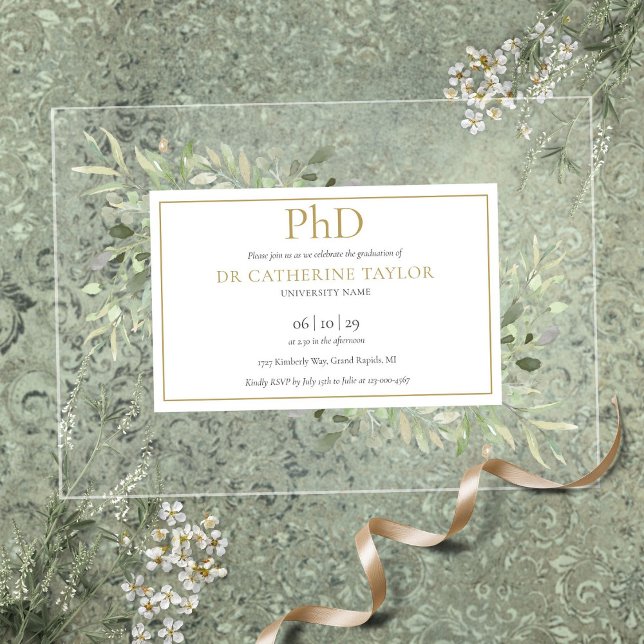 Invitations En Acrylique Diplôme Phd Vert Floral Gold Graduation (Phd Degree Greenery Floral Gold Graduation Acrylic Invitations)