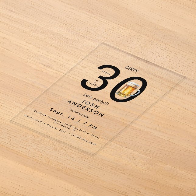 Invitations En Acrylique Dirty 30 Faisons la bière Surprise Anniversaire (Poser)