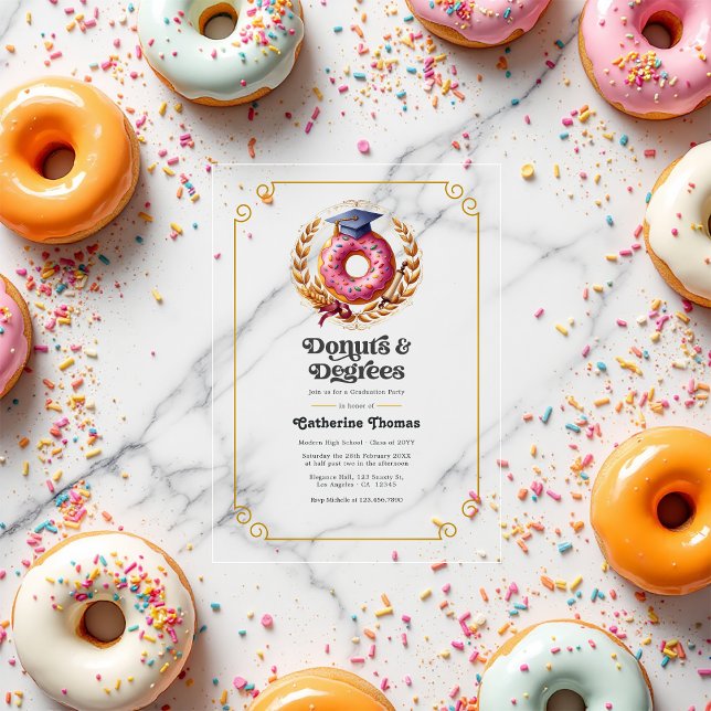 Invitations En Acrylique Donuts roses et d'or et diplômes Graduation (Pink and Gold Donuts and Degrees Graduation Party Acrylic Invitations)