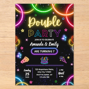 Invitations En Acrylique Double Anniversaire Jumeaux Néon Anniversaire des