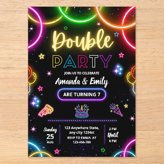 Invitations En Acrylique Double Anniversaire Jumeaux Néon Anniversaire des