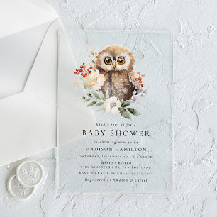 Invitations En Acrylique Douce Baby Shower Hiver Chouette Aquarelle