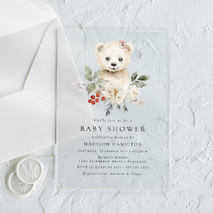 Invitations En Acrylique Douce Fête de Naissance Ourson Polaire Aquarelle H