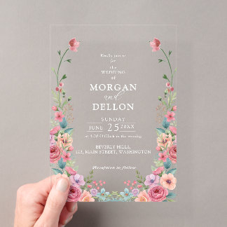 Invitations En Acrylique Douce Mariage Floral Aquarelle Rose Poussiéreux &