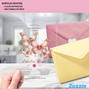 Invitations En Acrylique Douces papillons QUINCEANERA Rose Pâle Diamant