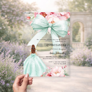 Invitations En Acrylique Doux robe verte menthe bow florales Quinceanera