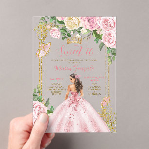 Invitations En Acrylique Douze Ans Douce Rose Couronne Or Anniversaire
