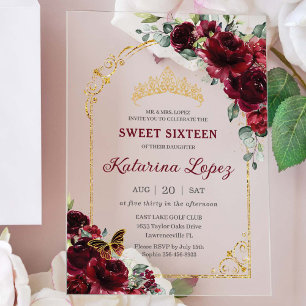Invitations En Acrylique Douze ans et demi ans Quinceanera Bourgogne Floral
