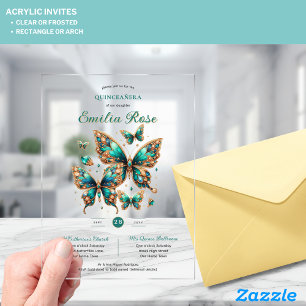 Invitations En Acrylique Douze Ans Papillons QUINCEANERA Émeraude Vert Or