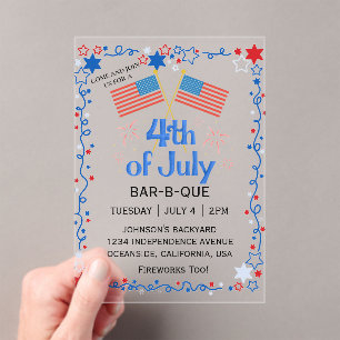 Invitations En Acrylique Drapeau américain du 4 juillet BBQ Feux d'artifice