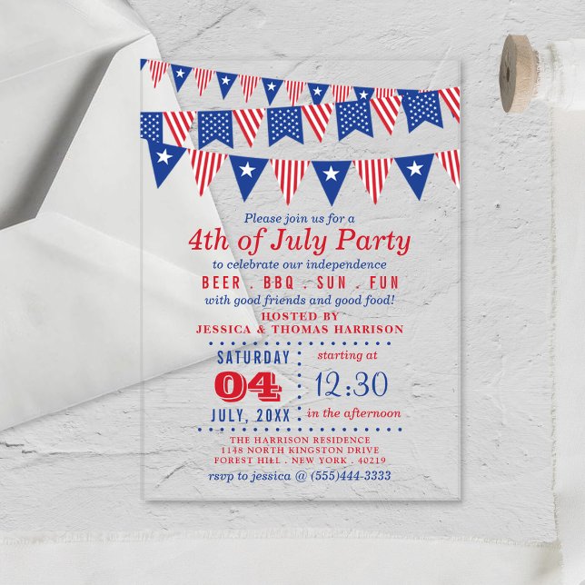 Invitations En Acrylique Drapeaux rouges, blancs et bleus 4 juillet fête (Créateur téléchargé)
