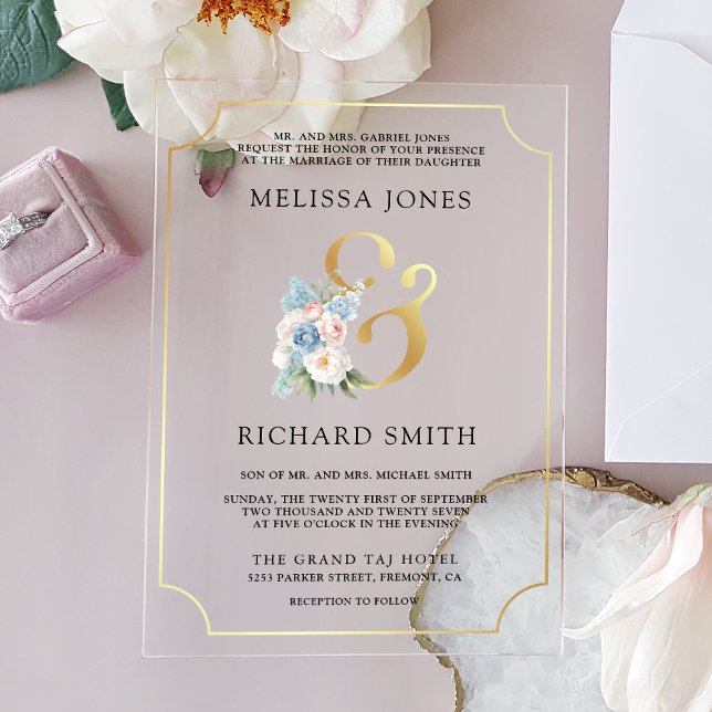 Invitations En Acrylique Dreamy Soft Blue Pink Floral Wedding (Créateur téléchargé)