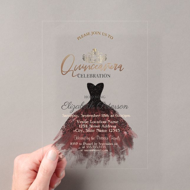 Invitations En Acrylique  Dress,Tiara,Chic Red Roses Quinceañera   (In situ (ordinateur de poche))