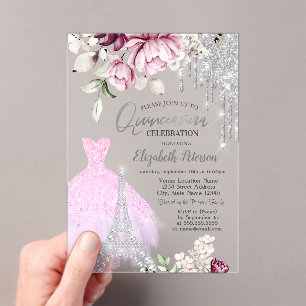 Invitations En Acrylique Drips, Robe, Tours Eiffel Roses Lilas Quinceañera