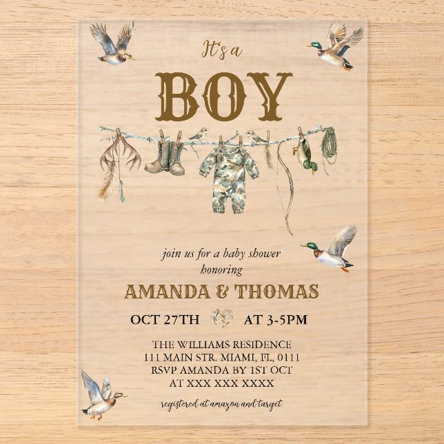Invitations En Acrylique Duck Hunting It's a Boy Baby Shower  (Recto)