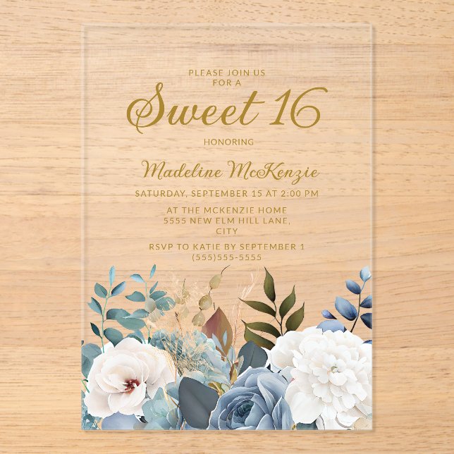 Invitations En Acrylique Dusty Bleu Blanc Floral Doux 16 (Recto)