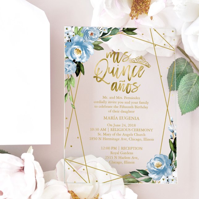 Invitations En Acrylique Dusty bleu Floral géométrique Quinceañera (Créateur téléchargé)