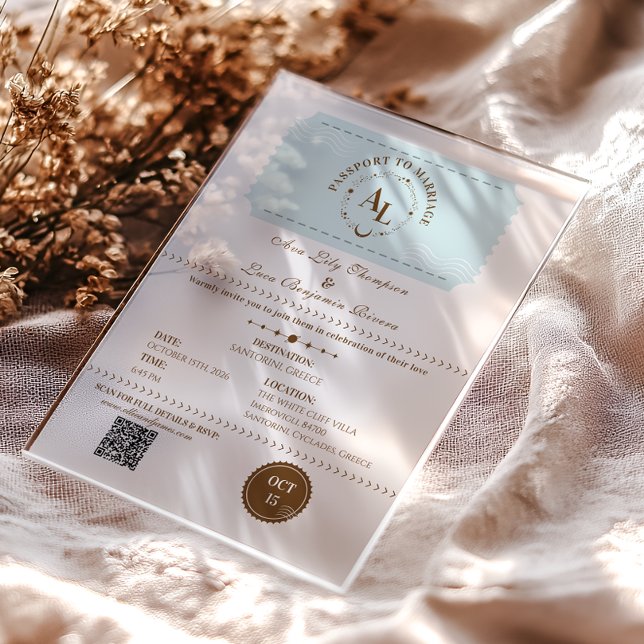 Invitations En Acrylique Dusty Blue Boarding Pass Mariage cosmique (Créateur téléchargé)