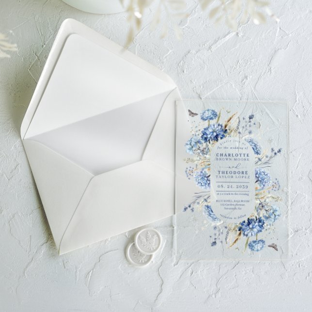 Invitations En Acrylique Dusty Blue Fleur sauvage Moderne Mariage élégant (Créateur téléchargé)