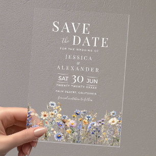 Invitations En Acrylique Dusty Blue Fleurs sauvages Élégant mariage Date de