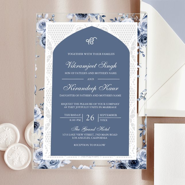 Invitations En Acrylique Dusty Blue Floral Anand Karaj Punjabi Sikh Mariage (Créateur téléchargé)
