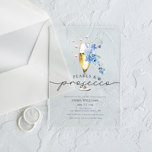 Invitations En Acrylique Dusty Blue Floral Pearls & Prosecco Fête des marié (Créateur téléchargé)