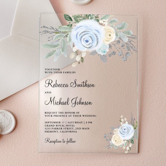 Invitations En Acrylique Dusty Blue Ivory Floral Wedding (Créateur téléchargé)
