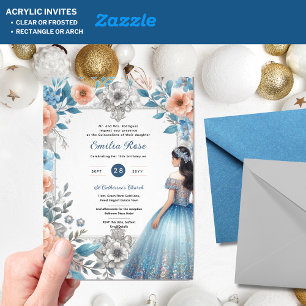 Invitations En Acrylique Dusty BLUE Peach Quinceañera robe Floral Quince