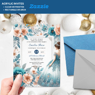 Invitations En Acrylique Dusty BLUE Peach Quinceañera robe Floral Quince