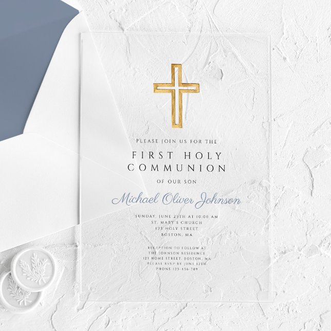 Invitations En Acrylique Dusty Blue Religious Cross Boy First Communion (Dusty Blue Religious Cross Boy First Communion Acrylic Invitations
)