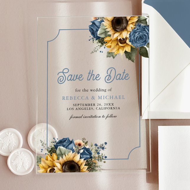 Invitations En Acrylique Dusty Blue Roses Sunflower Mariage Enregistrer la  (Créateur téléchargé)
