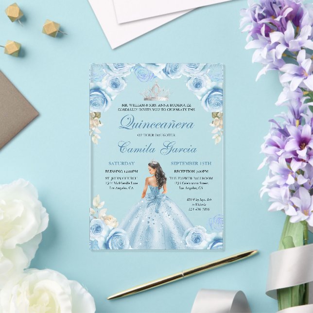 Invitations En Acrylique Dusty Blue & Silver Floral Princess Quinceañera (Insitu (Mariage))