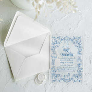 Invitations En Acrylique Dusty Blue Toile Floral Bow Baby Boy Douche pour b