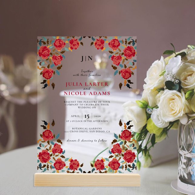 Invitations En Acrylique Dusty Elegant Golden Red Rose Mariage (Créateur téléchargé)