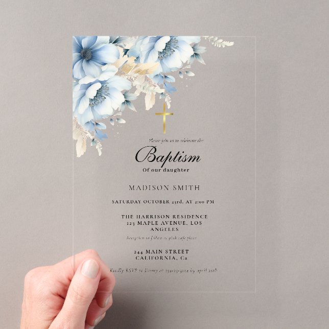 Invitations En Acrylique Dusty Fleur sauvage d'or bleu premier saint baptêm (In situ (ordinateur de poche))