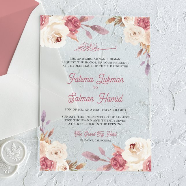 Invitations En Acrylique Dusty Mauve Pink Floral Islamic Muslim Wedding (Créateur téléchargé)