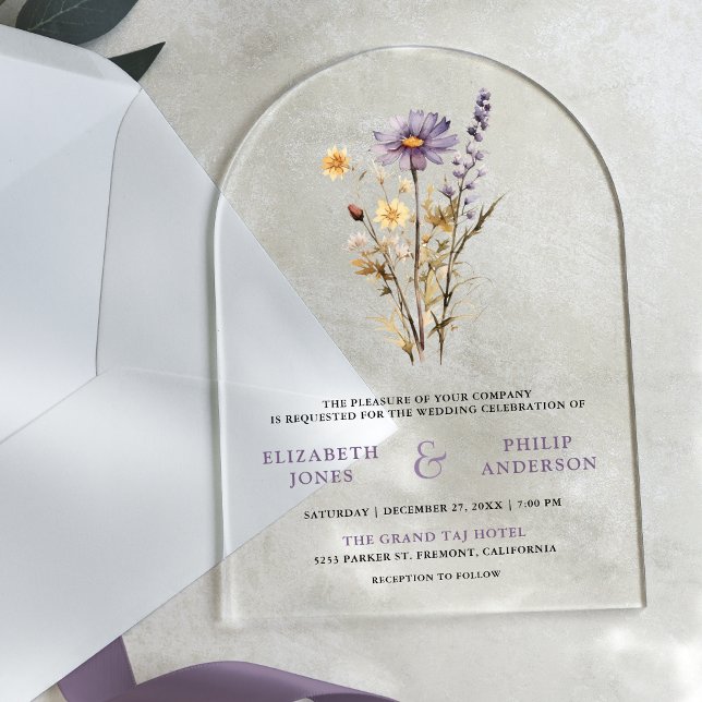 Invitations En Acrylique Dusty Purple Boho Wildflower Wedding (Créateur téléchargé)