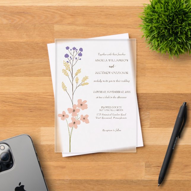 Invitations En Acrylique Dusty Purple, Peach Simple Floral Wedding (Insitu (Carte d'invitation))