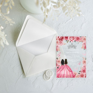 Invitations En Acrylique Dusty rose floral papillon Twin Girl Quinceanera