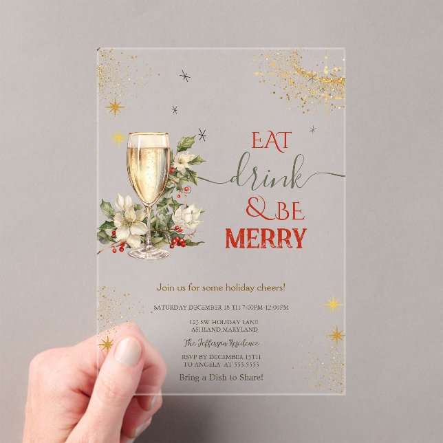 Invitations En Acrylique Eat Drink & Be Merry Champagne Flowers (In situ (ordinateur de poche))
