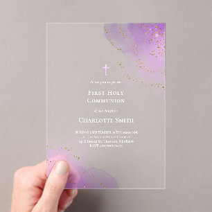 Invitations En Acrylique eau violette éclaboussure première sainte communio