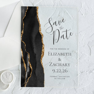 Invitations En Acrylique Économisez la date moderne en agate noire et or