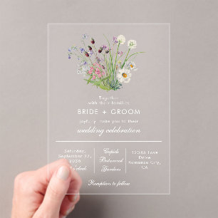 Invitations En Acrylique Effacer le Mariage Fleur sauvage moderne transpare