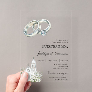 Invitations En Acrylique Église blanche avec anneau Mariage espagnol