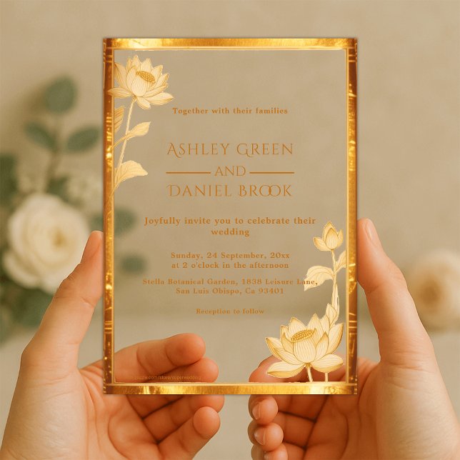 Invitations En Acrylique Égypte antique Luxury Gold Lotus Mariage égyptien (Créateur téléchargé)