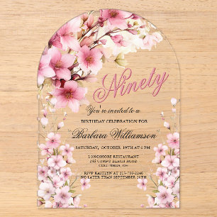 Invitations En Acrylique Elégance Arc Floral Rose 90ème anniversaire