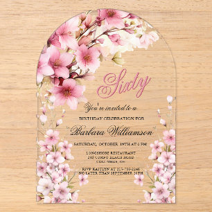 Invitations En Acrylique Élégance de l'arche florale rose pour les 60 ans