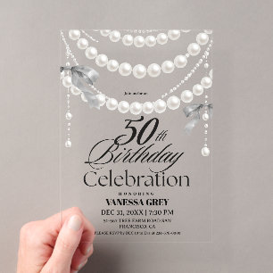Invitations En Acrylique Elégant 50e Anniversaire Noir Blanc Perles